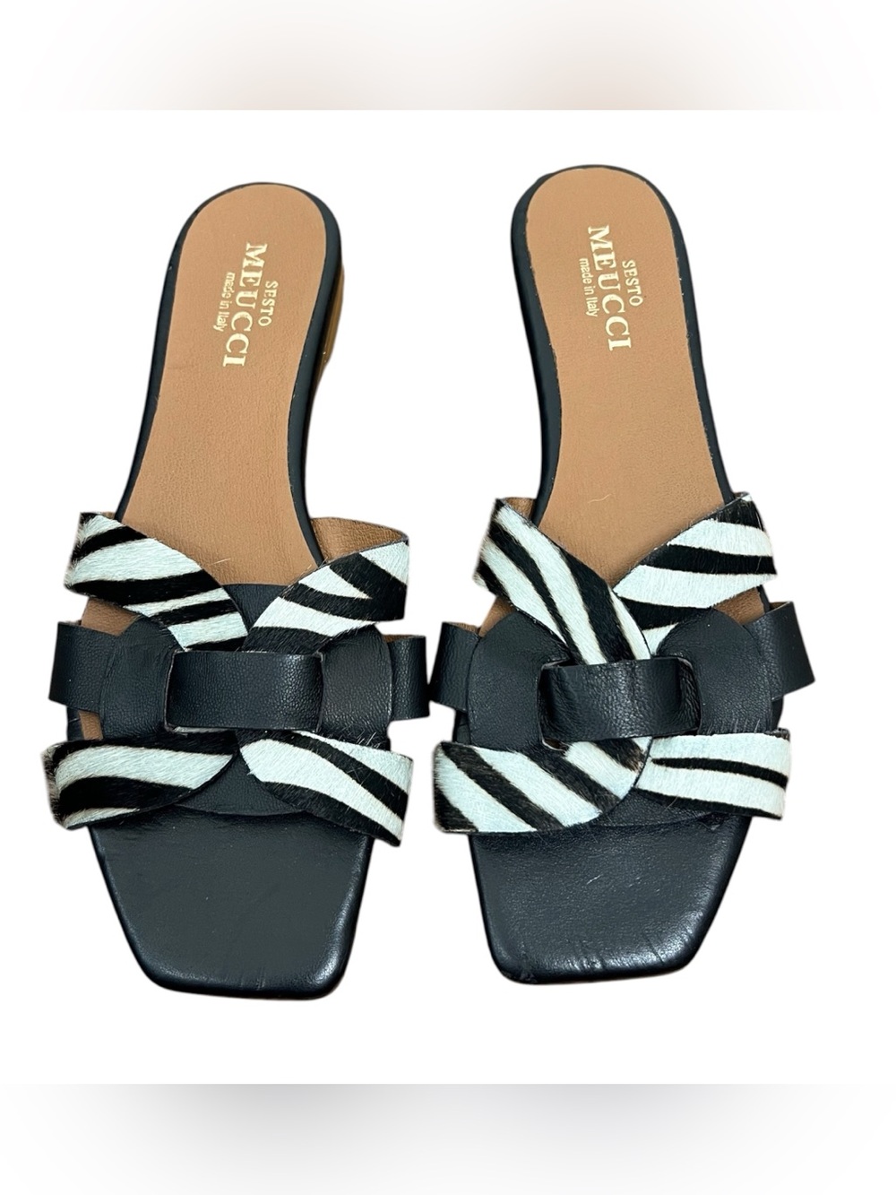 Sesto Meucci Italian leather and zebra black and white sandals size 9